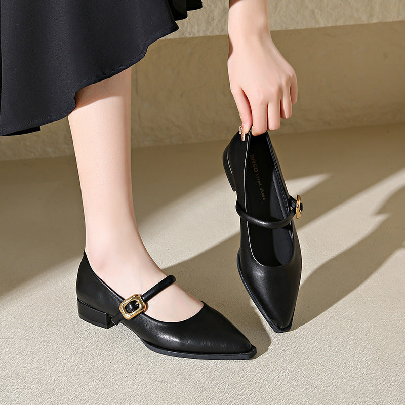 Women's Comfortable Bottom Pointed Toe Strap Fairy Chunky Women's Shoes