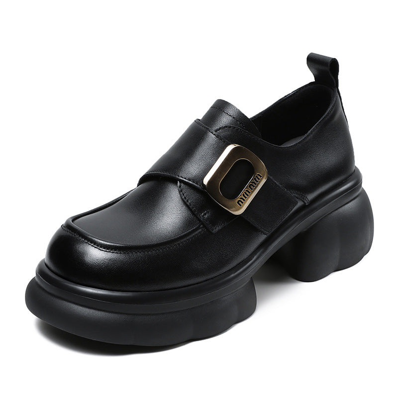 Women's Spring Square Buckle Genuine Platform Chunky Loafers