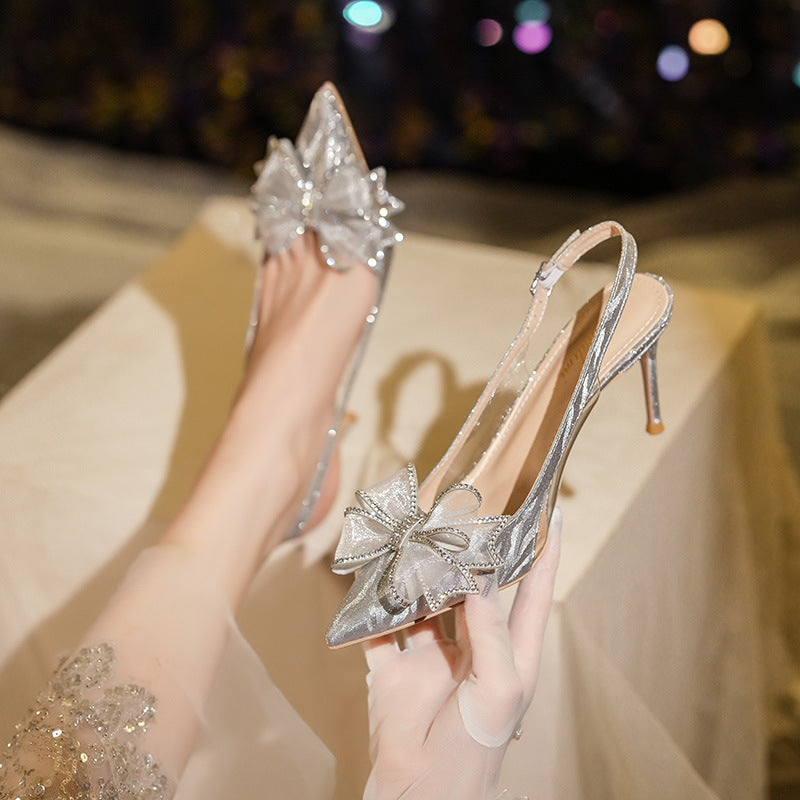 Women's Crystal High Bow Wedding Rhinestone Pointed Heels