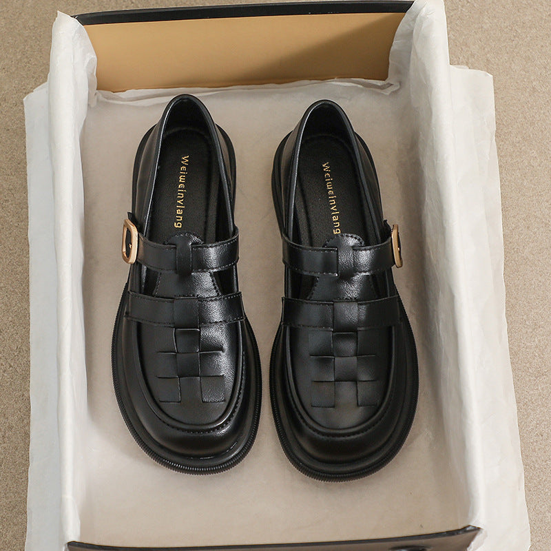 Damen Plateau Retro Britischer Stil Schwarze Dicke Weiche Loafer