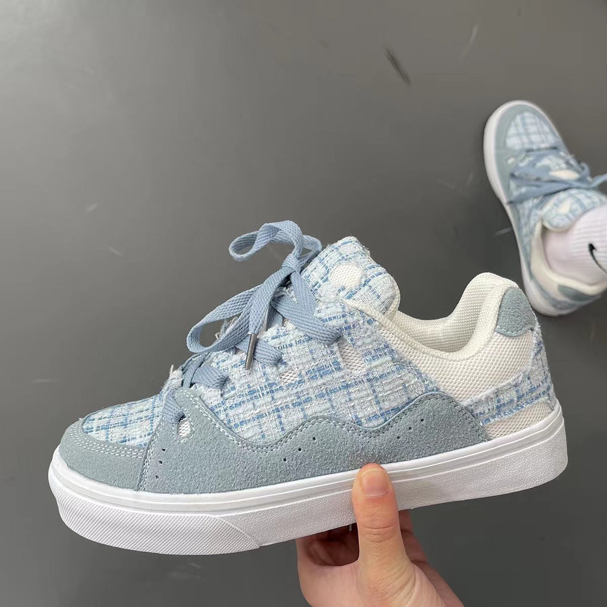 Women's & Men's Bread Board Blue Plaid Classic Style Sneakers