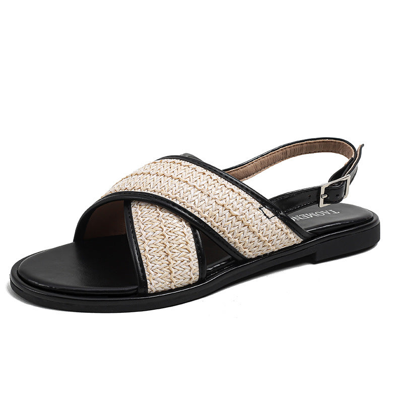 Women's Surface Cross Buckle Strap Round Toe Open Sandals