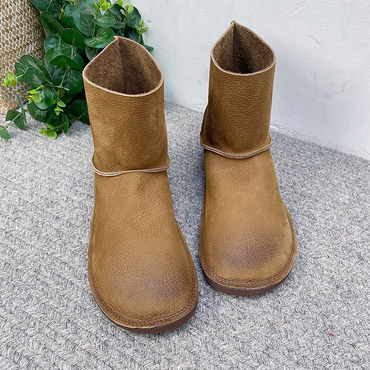 Solid Color Round Toe Top Layer Cowhide Slip-on Flat Boots
