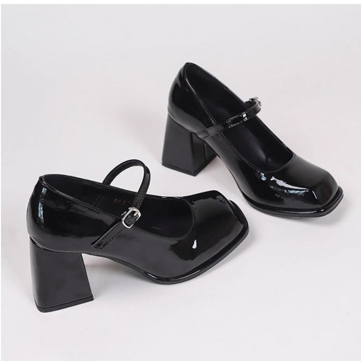 Women's Black With Buckle Square Toe Patent Women's Shoes