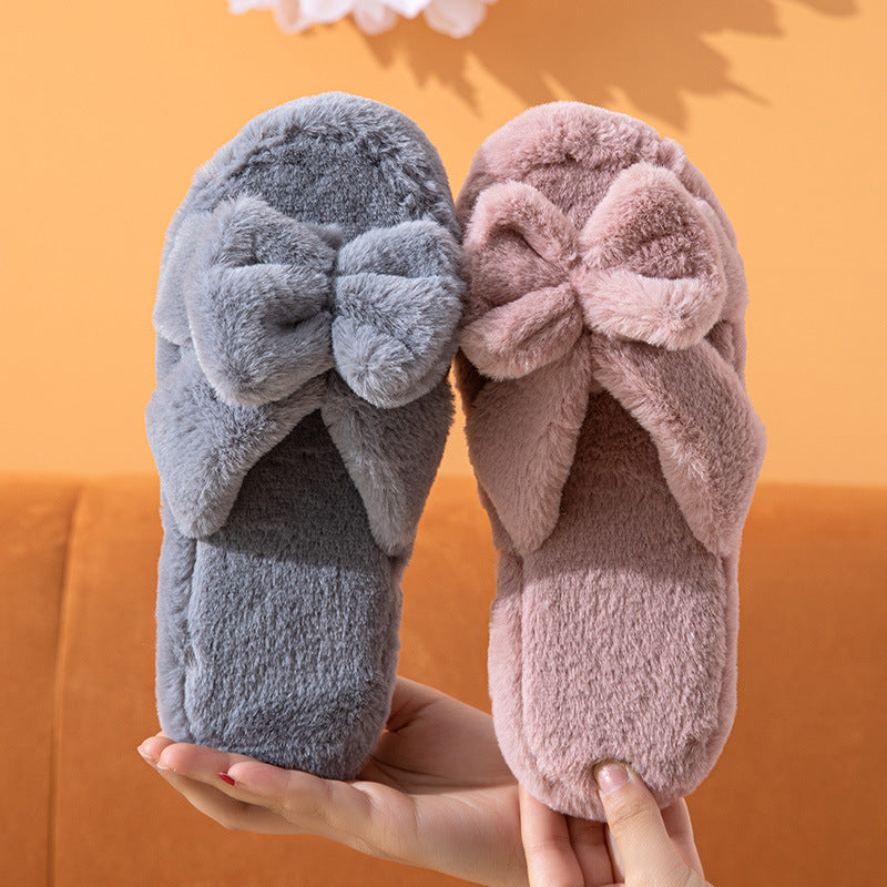 Women's Open Solid Color Rabbit Fur Toe Interior Home Wooden House Slippers