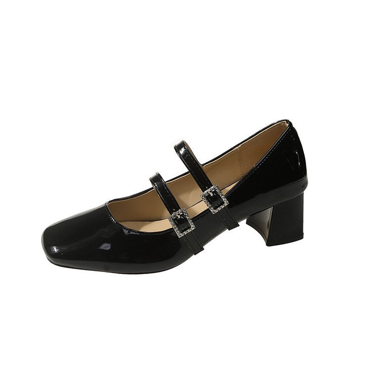 Sier Zweireihige Mary Jane Chunky Lack Hepburn Damenschuhe