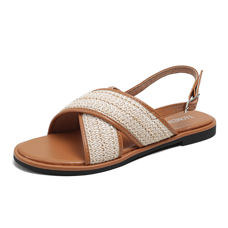 Women's Surface Cross Buckle Strap Round Toe Open Sandals