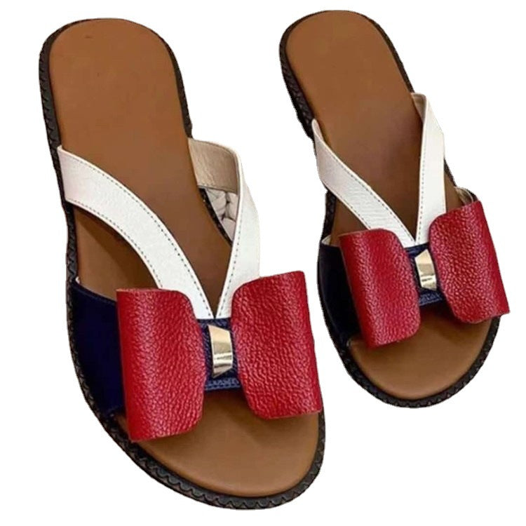 Women's Flat Color-blocking Bowknot Large Size Sandals