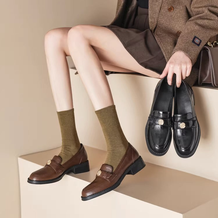 Damen-Loafer im französischen Retro-Stil, britischer Stil, klobige echte Schuhe