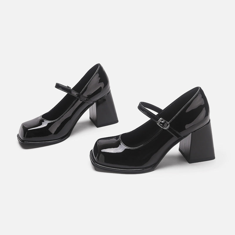 Women's High Retro Black Preppy Style Buckle Square Leather Shoes