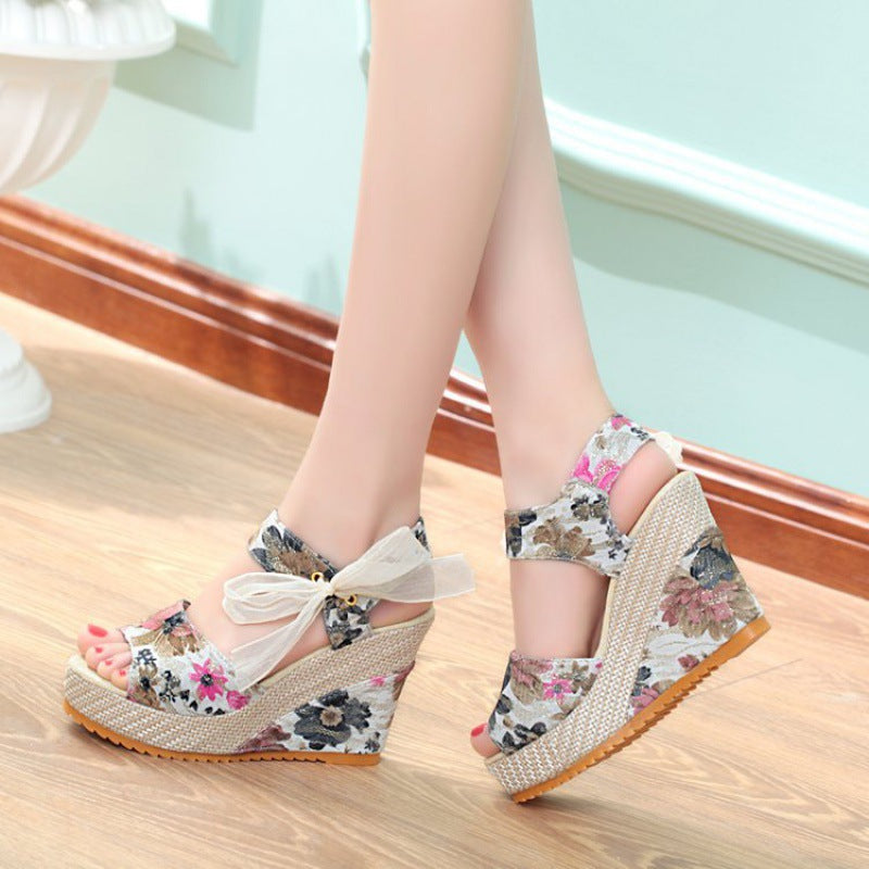 Women's Summer Flower Wedge Bow Platform Bohemian Sandals