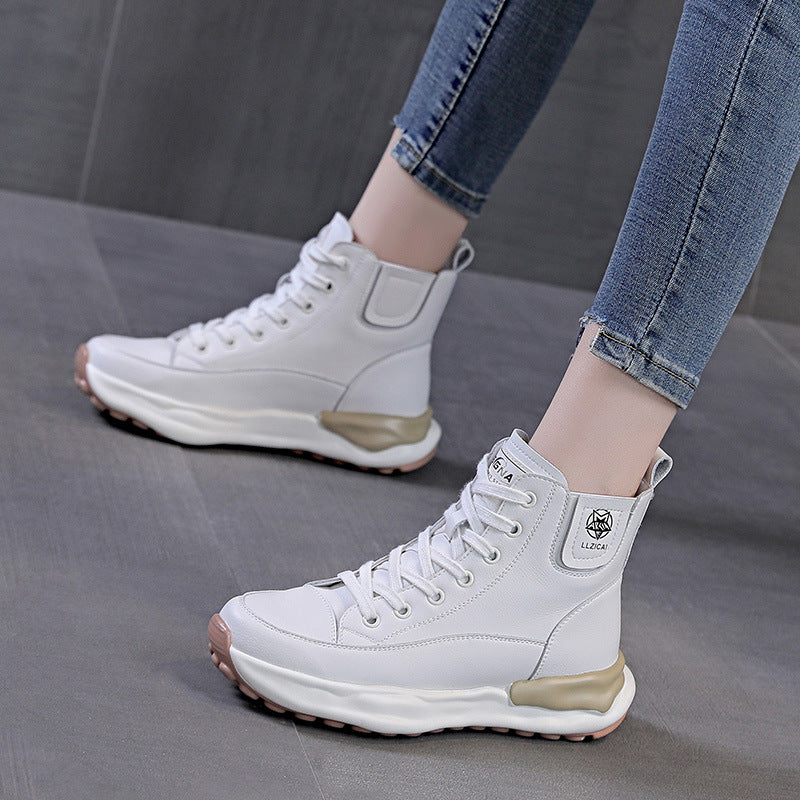 Weiße koreanische High-Top-Sneakers für Damen in Kombination mit Veet