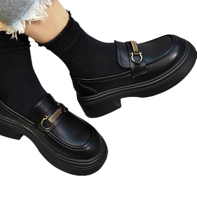 Women's Spring British Style Black Round Head Thick Loafers