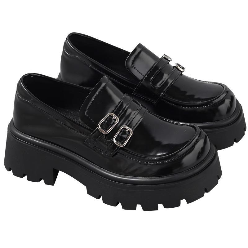 Women's Black Spring British Style Double-breasted Thick Loafers