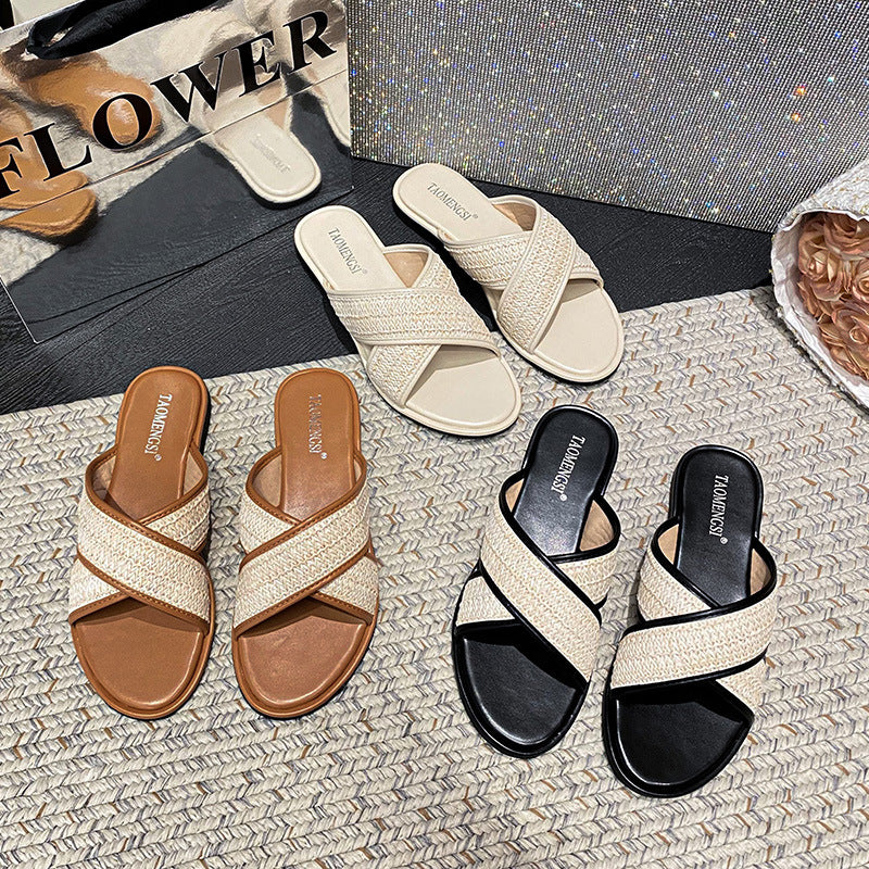 Women's Surface Cross Buckle Strap Round Toe Open Sandals