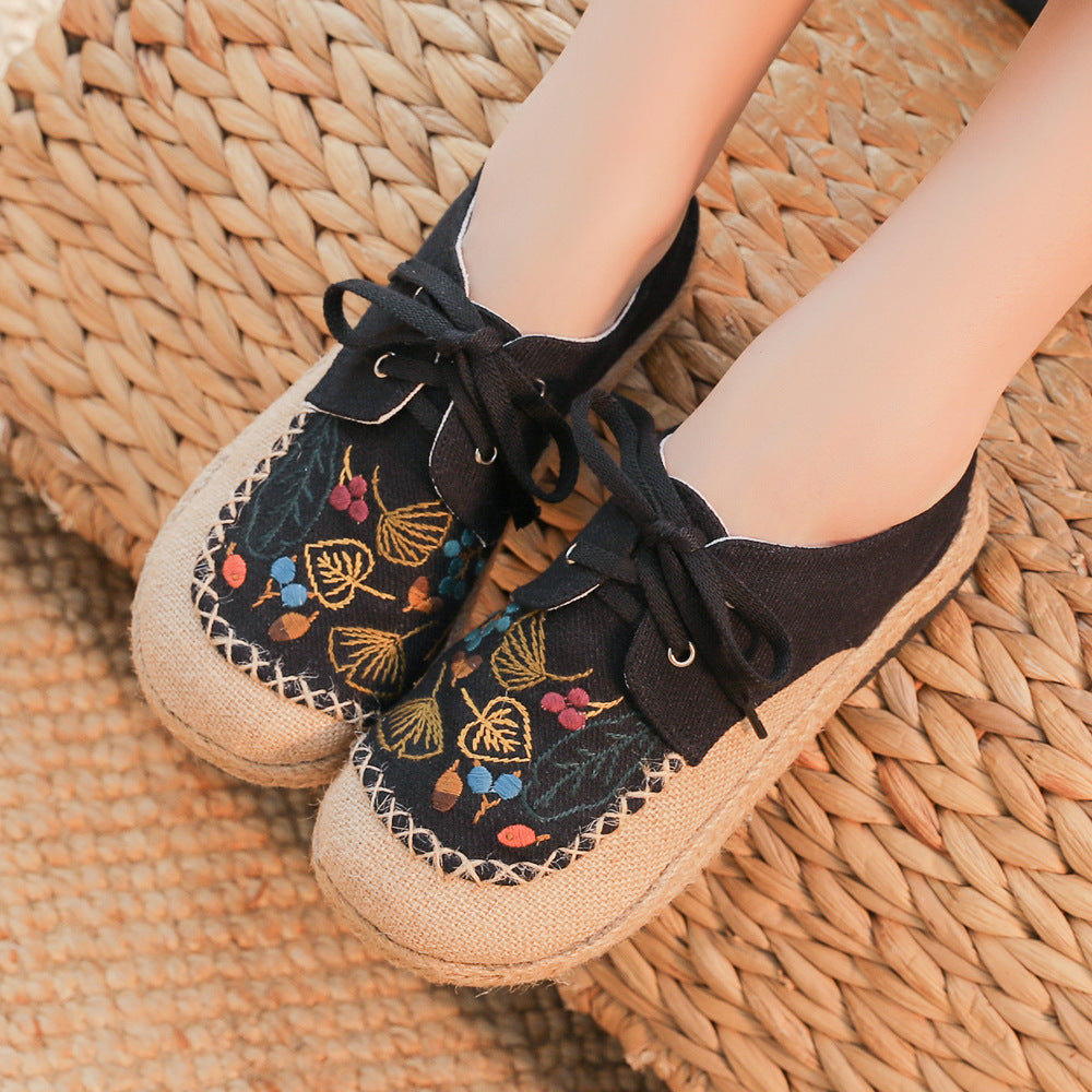 Zapatos de lona con cordones bordados de estilo étnico de lino artístico para mujer