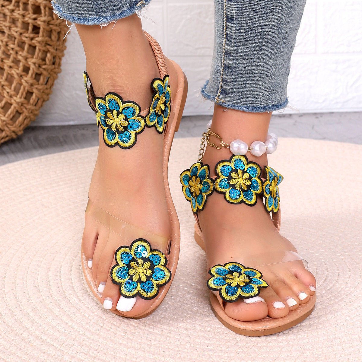 Women's Plus Size Flower Flat Vacation Style Sandals