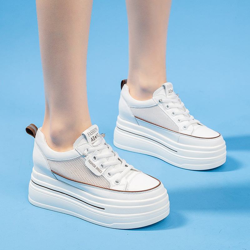 Women's White Genuine Spring Small Platform Versatile Heels